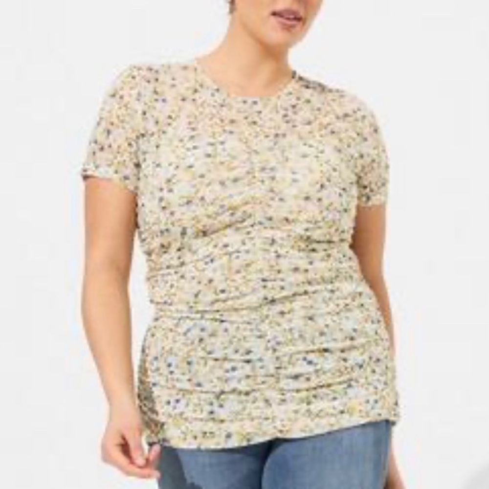 Torrid Ditsy Floral Stretch Mesh Crew Neck Ruched Top